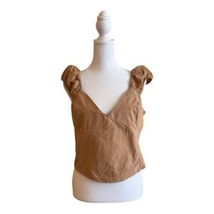 Aerie Tan Ruffle Sleeve Smocked Back Crop Top Women’s Size L